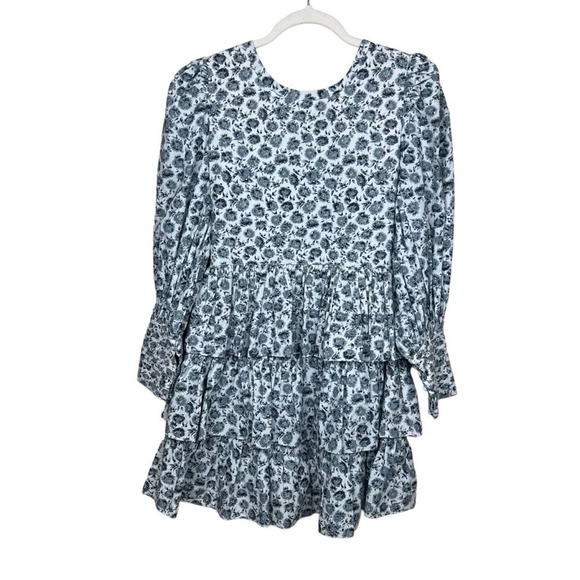 LoveShackFancy Paris Dandelion-Print Puff-Sleeve Mini A-Line Dress 2 Gray White - Picture 8 of 14